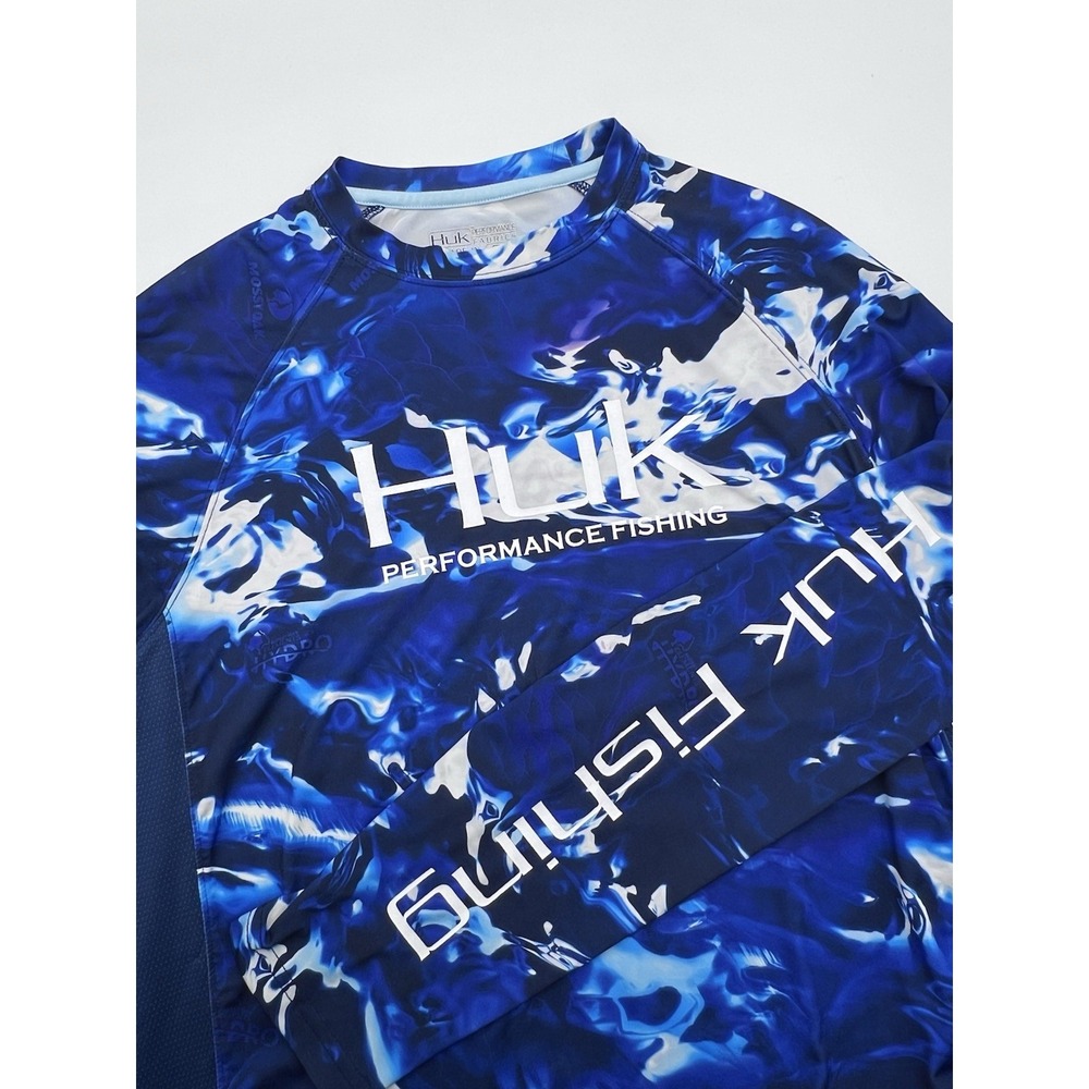 Huk Shirt Mens S Blue Performance Fishing Long Sleeve Mossy‎ Oak Elements Hydro